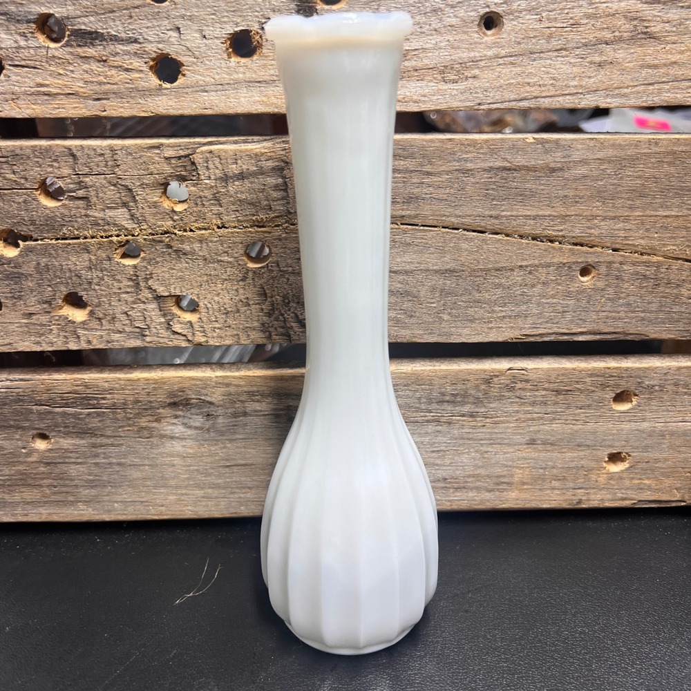 Vintage White Milk Glass Bud Vase Ribbed Paneled Design 9 Inch Tall